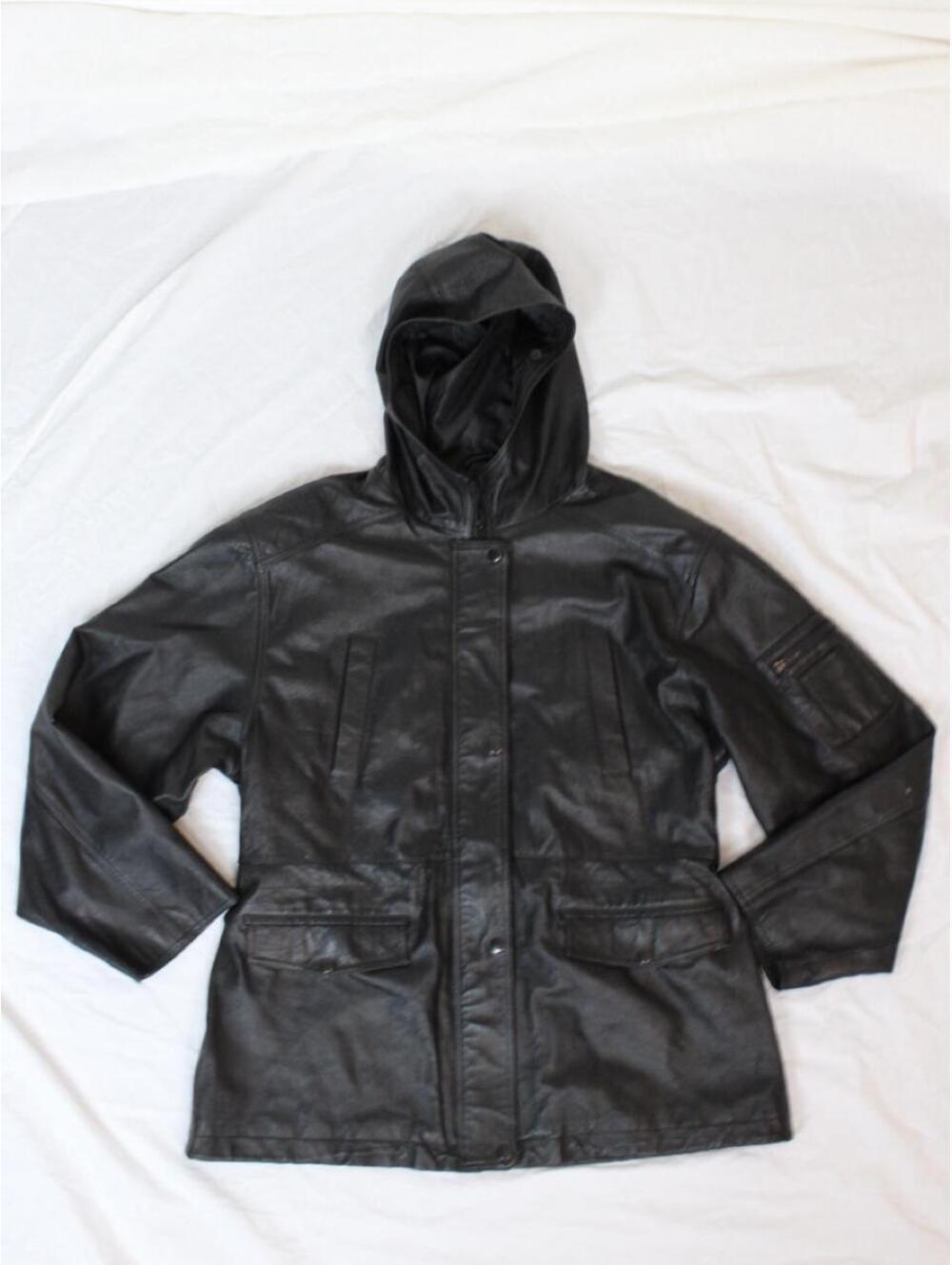 Vintage KC Collection Black leather full zip hooded jacket. Size: L